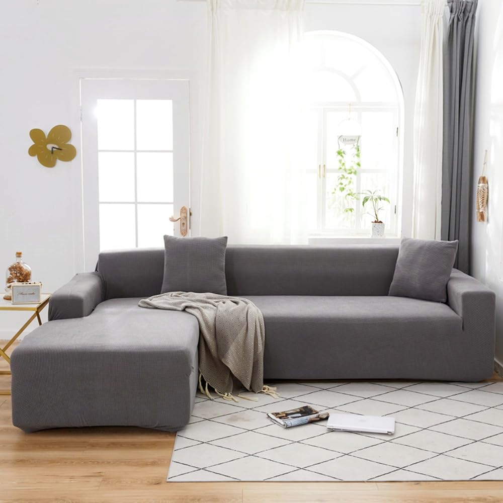 Funda Sofa Chaise Longue Impermeable elástica Forro Polar de maíz Telas Suaves y cómodas, Moderno Universal para Sala de Estar Fundas para Sofa, fácil de cuidar,Light Grey,4-Seat 230-300cm