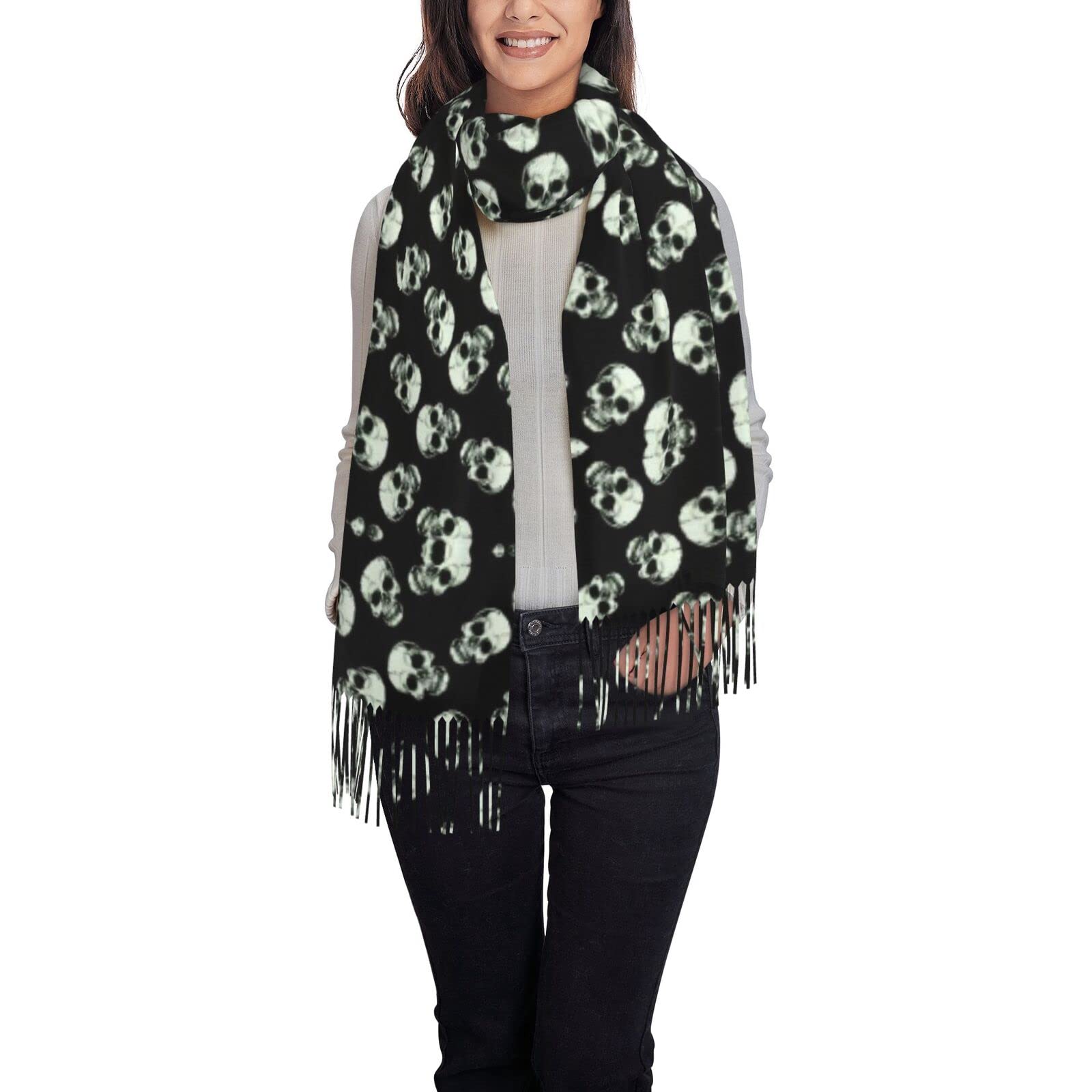 ASEELO Black Skull Women Scarves Winter Long Soft Warm Wraps Wool Tassel Shawl Stole Scarf Ladies