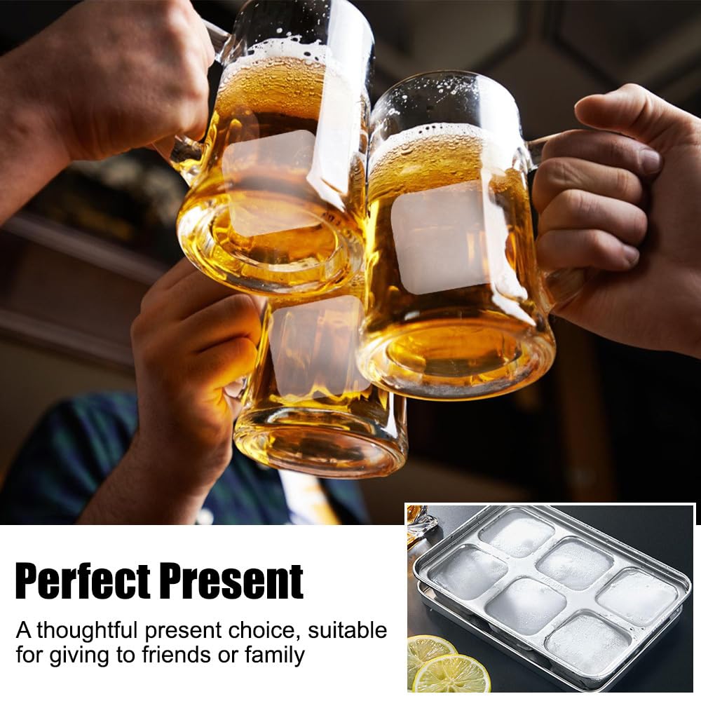 Bandeja de cubitos de hielo de acero inoxidable con tapa, máquina de hielo de 6 compartimentos, congelador eficiente para cócteles, whisky, vino, café y jugos