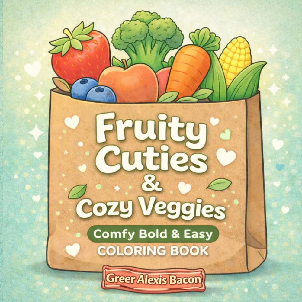 Fruity Cuties & Cozy Veggies: A Cozy Bold and Easy Coloring Book for Adults Featuring Cute Fruit and Vegetable Designs for Relaxation and Stress Relief