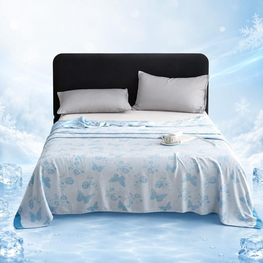 JvFbjLF Blanket – Cooling Fibre, Double-sided & Ultra-thin(Blue Butterflies,150x200cm)