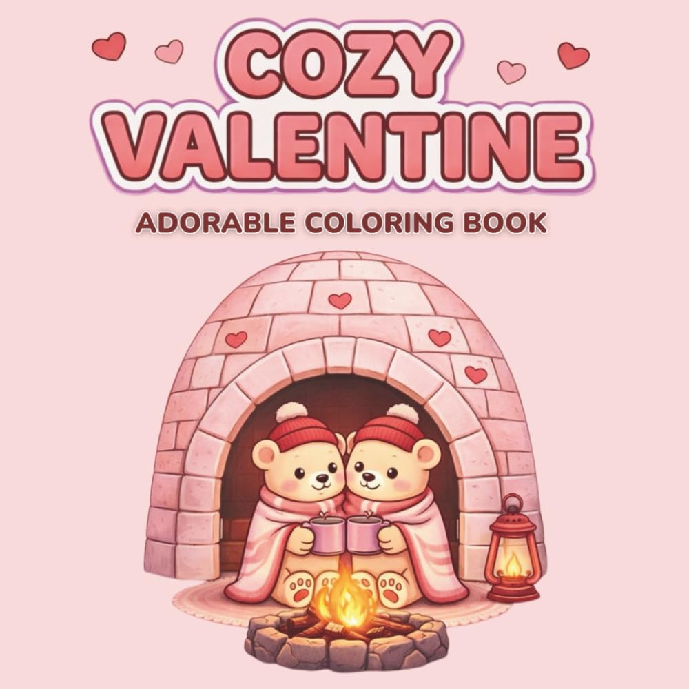 Cozy Valentine Adorable Coloring Book: 44 Cute Animals & Cozy Valentine Scenes | Easy Bold Designs for Relaxing Coloring Fun for All Ages