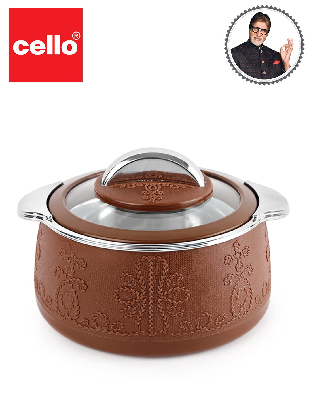 CELLO Royale Combo of 3 Casseroles with Insulated Stainless Steel and Glass Lid, Capacity - 600+1100+1600ml, Brown