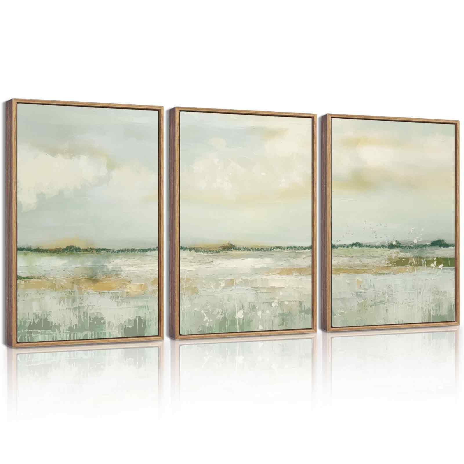 KUVIOKE Abstract Landscape Framed Canvas Wall Art Tan Green Pastel Wall Decor Modern Illustration Art Painting Nordic Calm for Livingroom Bedoom 12x16in (Natural Framed)