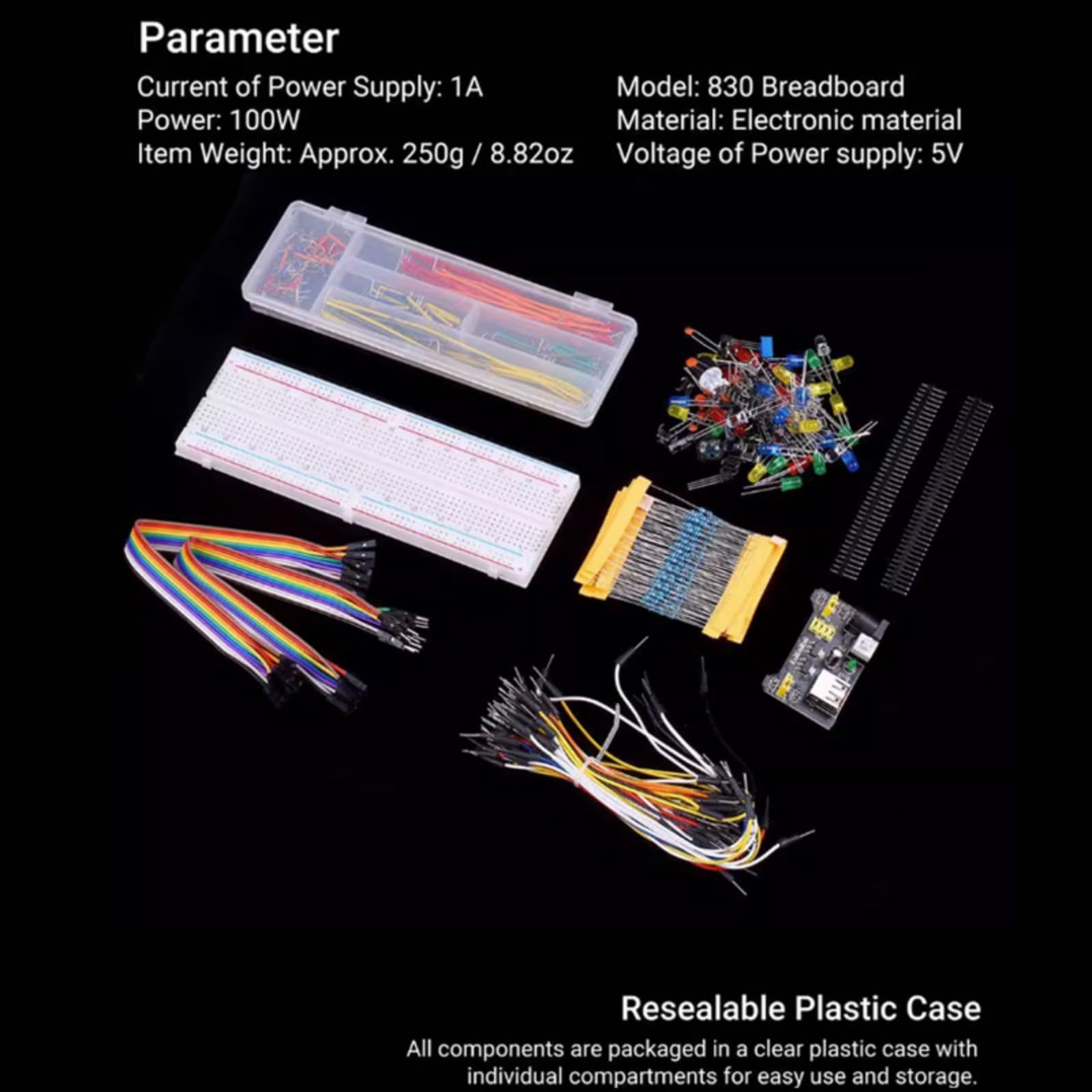 Compatibile con Arduino UNO R3 Starter Kit, componenti elettronici, scheda, sensori, LED, breadboard, cavi ponticello, alimentatore, resistenze, keycaps
