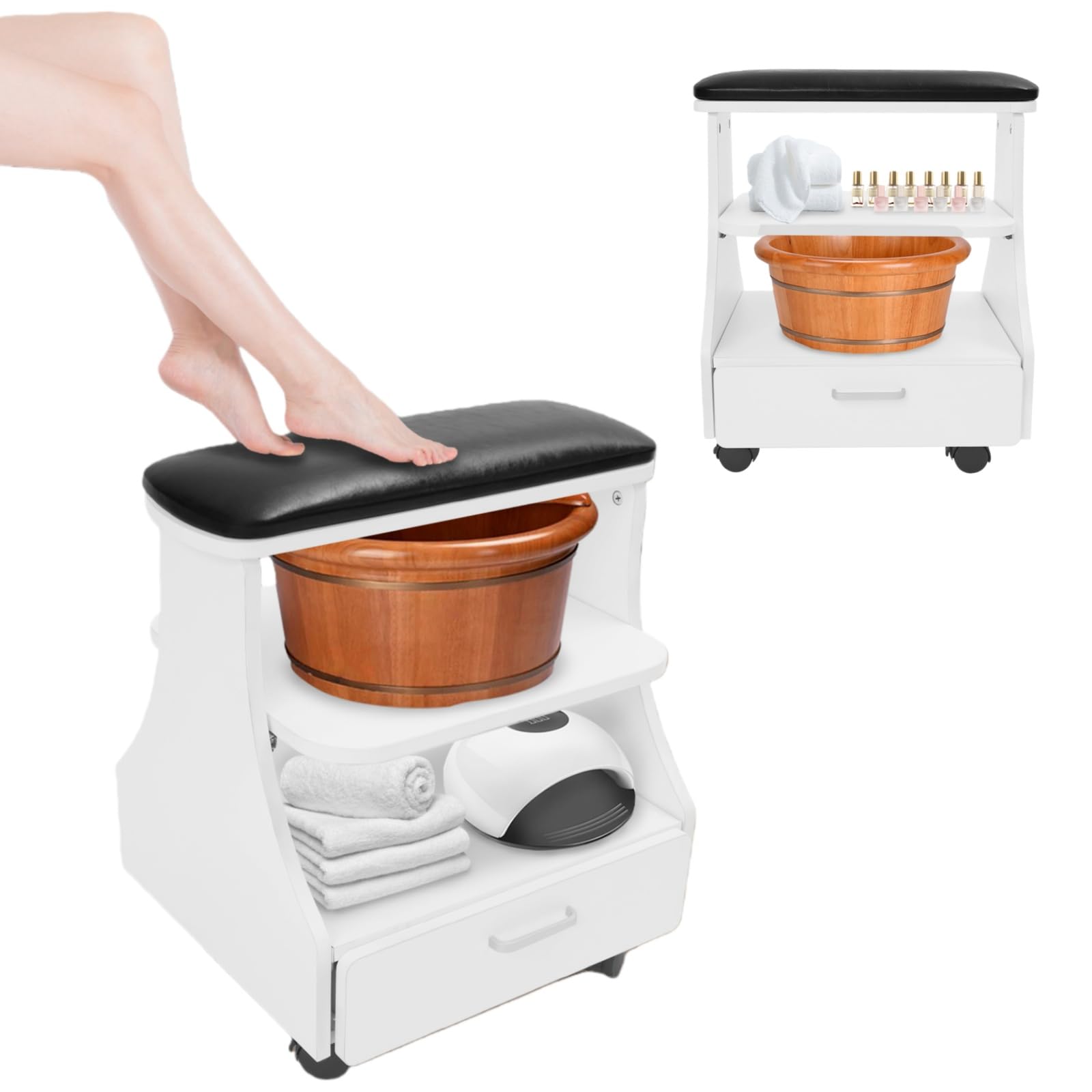 Chariot de manucure 3 niveaux portable avec tiroirs et 4 roulettes universelles, bain de pieds capacité 50 kg