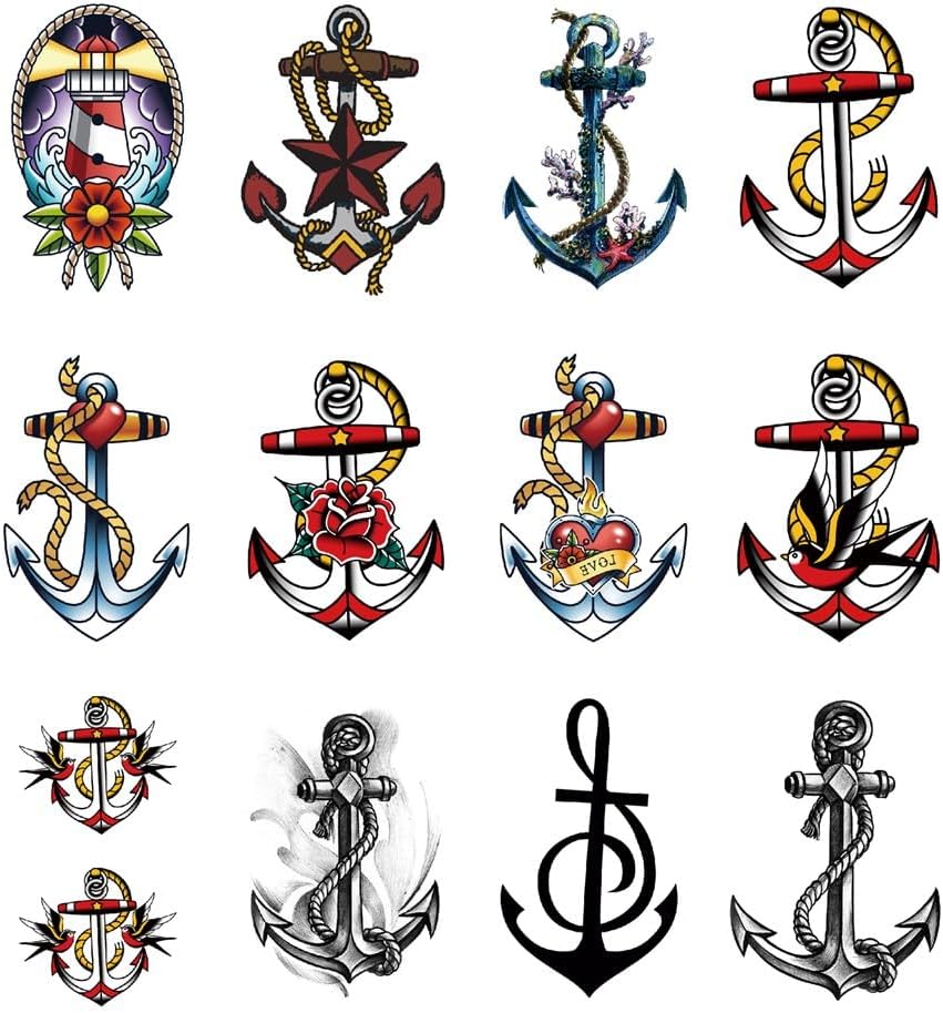 Anchor Ship Temporary Tattoo Sticker Waterproof Fake Tatoo Men Women Adult Boys Teens Body Art 10.5X6cm Set of 12 (SF169)