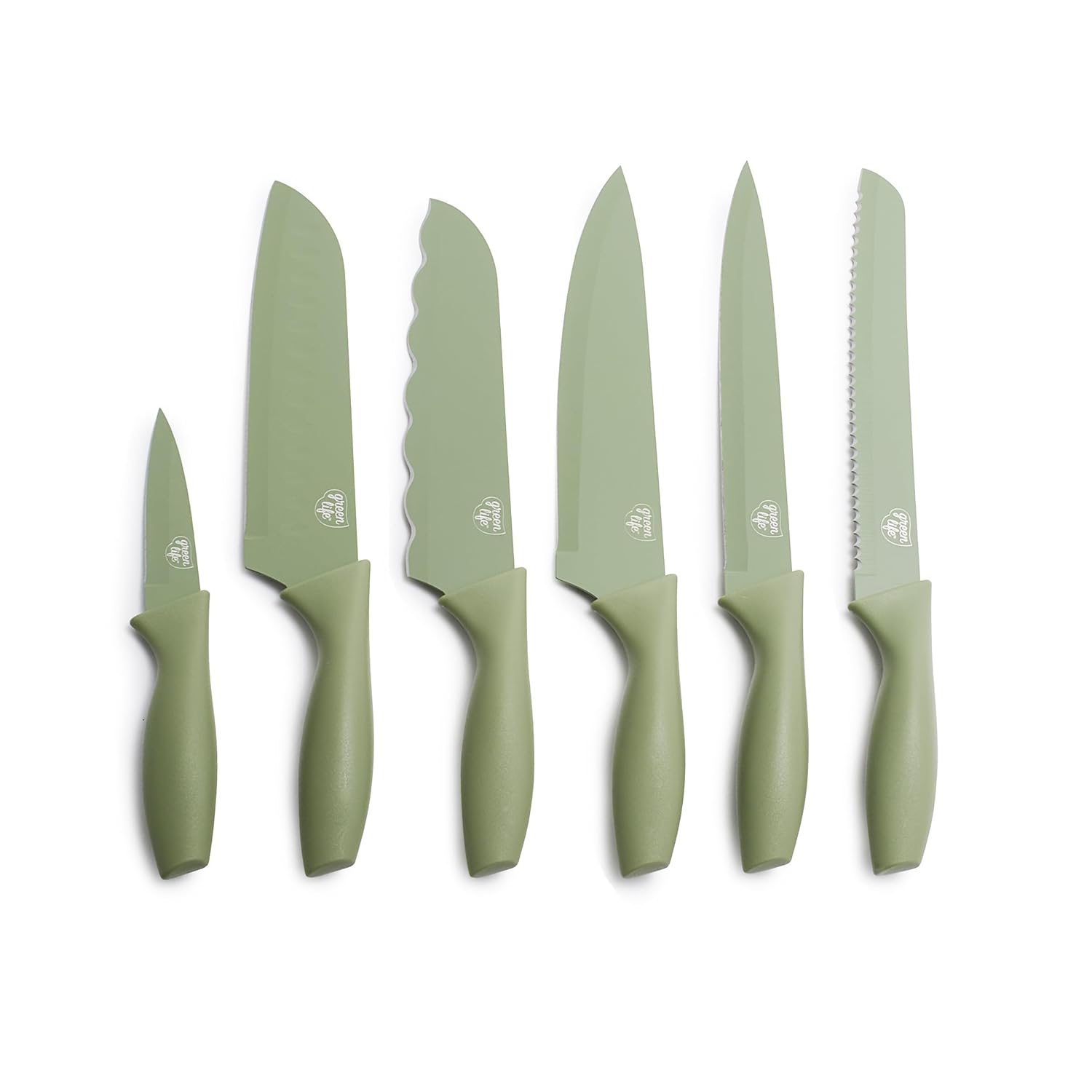 GreenLife 6 Piece Kitchen Knife Set, Rust-Resistant Nonstick Coating, High Carbon Stainless Steel Knives, Blade Guards, Razor Sharp, Ergonomic Handle, Chef, Santoku, Paring, Sage Green