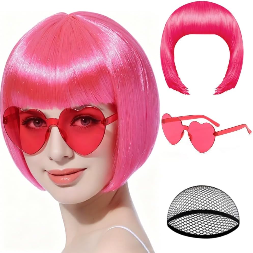 FREE BEAUTY Pink Bob Wig with Heart Sunglasses and Hair Cap for Women-Straight Synthetic Hair With Classic Flat Bangs for Women Natural Looking Bachelorette Halloween Party Christmas Wigs