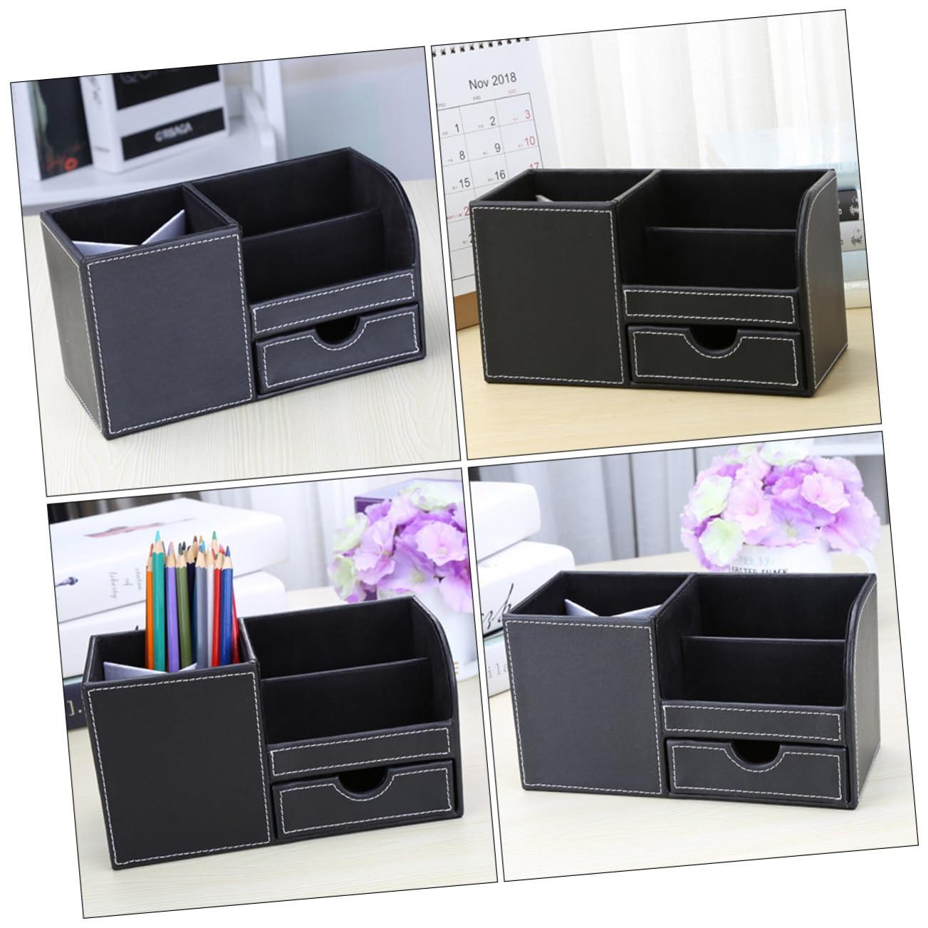 2 Piezas Organizador de Escritorio Multifuncional de PU Negro Soporte para Papelería de Oficina Caja de Almacenamiento para y Dormitorio Diseño y Duradero