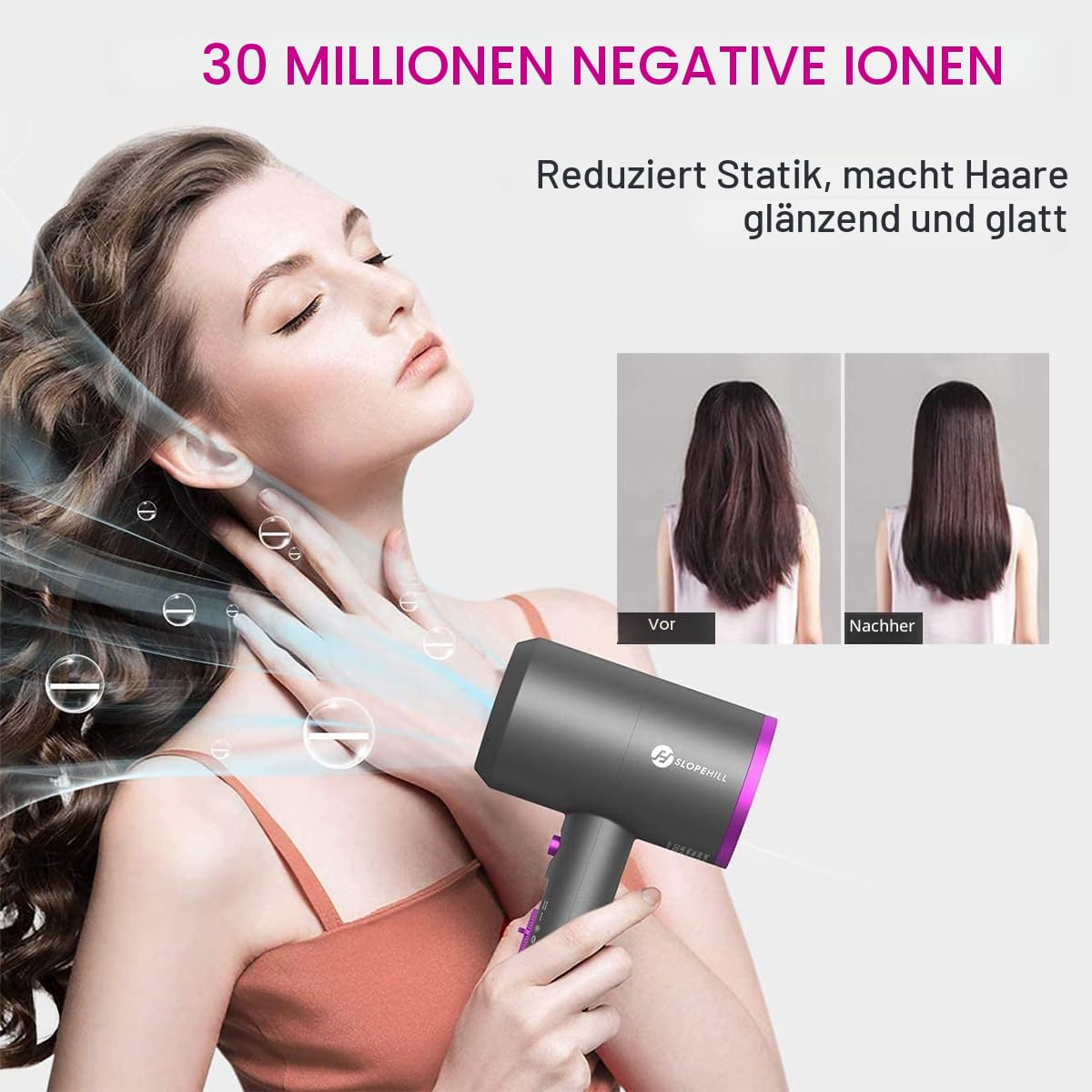 Ionen Föhn AC Motor 1800W Haartrockner, slopehill Schnelltrocknen Hair Dryer, Salon Haarfön mit Heiß-/Kalttaste, 3 Fön Concentrators and Diffuser, 3 Temperatureinstellungen, 2-Gang（Violett）