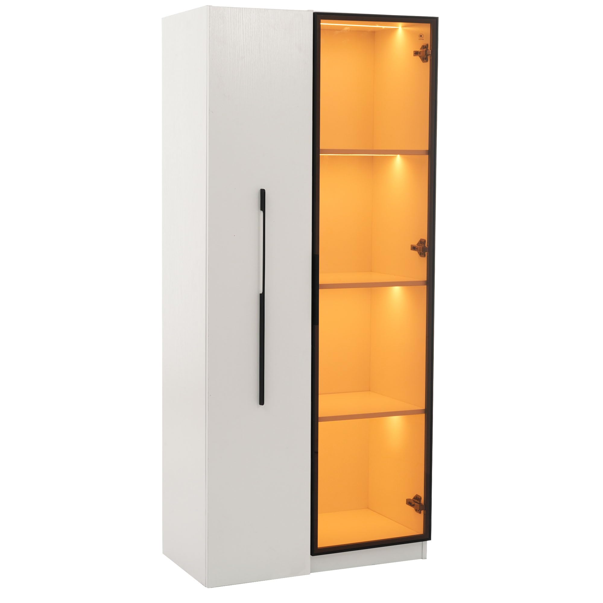 Libreria multifunzione vetrina 40 x 70 x 160 cm, con ante in vetro temperato, telaio in alluminio, 1 porta, 1 cassetto laterale, ruote, bianco