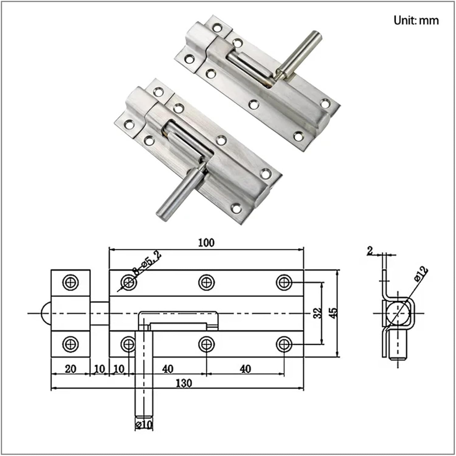 304 Stainless Steel Heavy-Duty Door Bolts Security Theft Locks 1Pcs(Left)