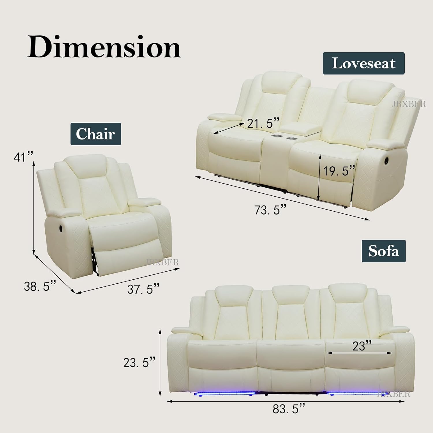 Power Recliner Sofa Set, Leather Reclining Sofa Sets with LED Lights, Living Room Furniture Set, Loveseat with Console Storage, Recliner Couch with USB Port (Sofa and Loveseat, White)