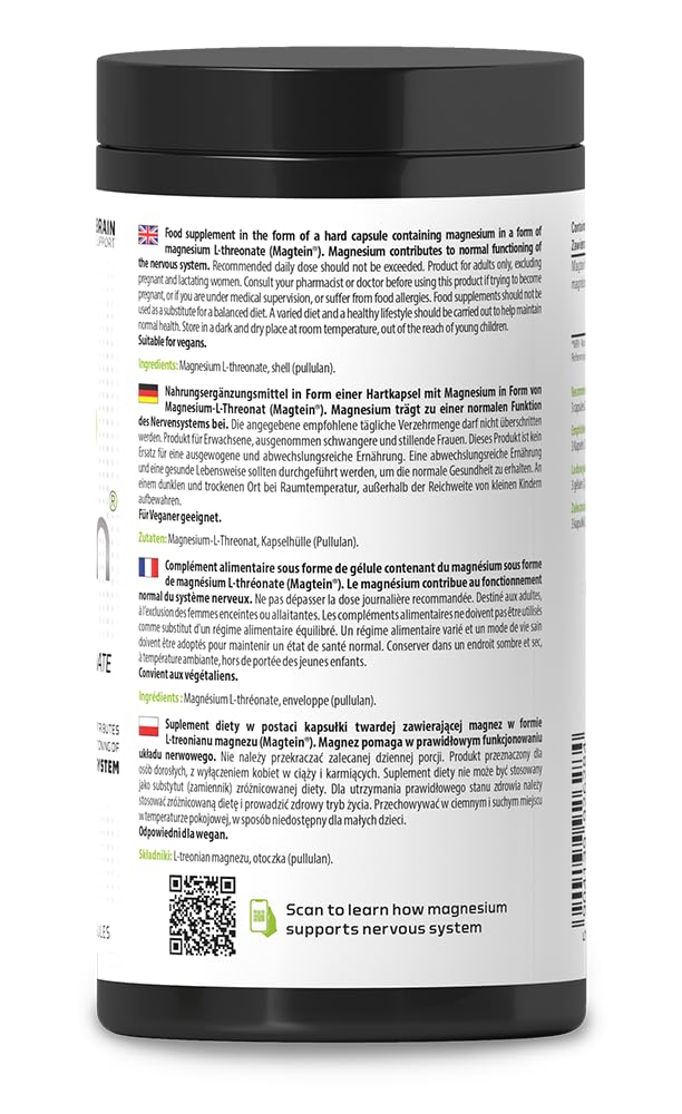 SKILL Nutrition Magtein® Magnez L-Treonian | 180 kapsułek | Klinicznie przebadana, wysoko biodostępna formuła | Wspiera koncentrację, pamięć i funkcje poznawcze | Mięśnie i elektrolity | Wegański
