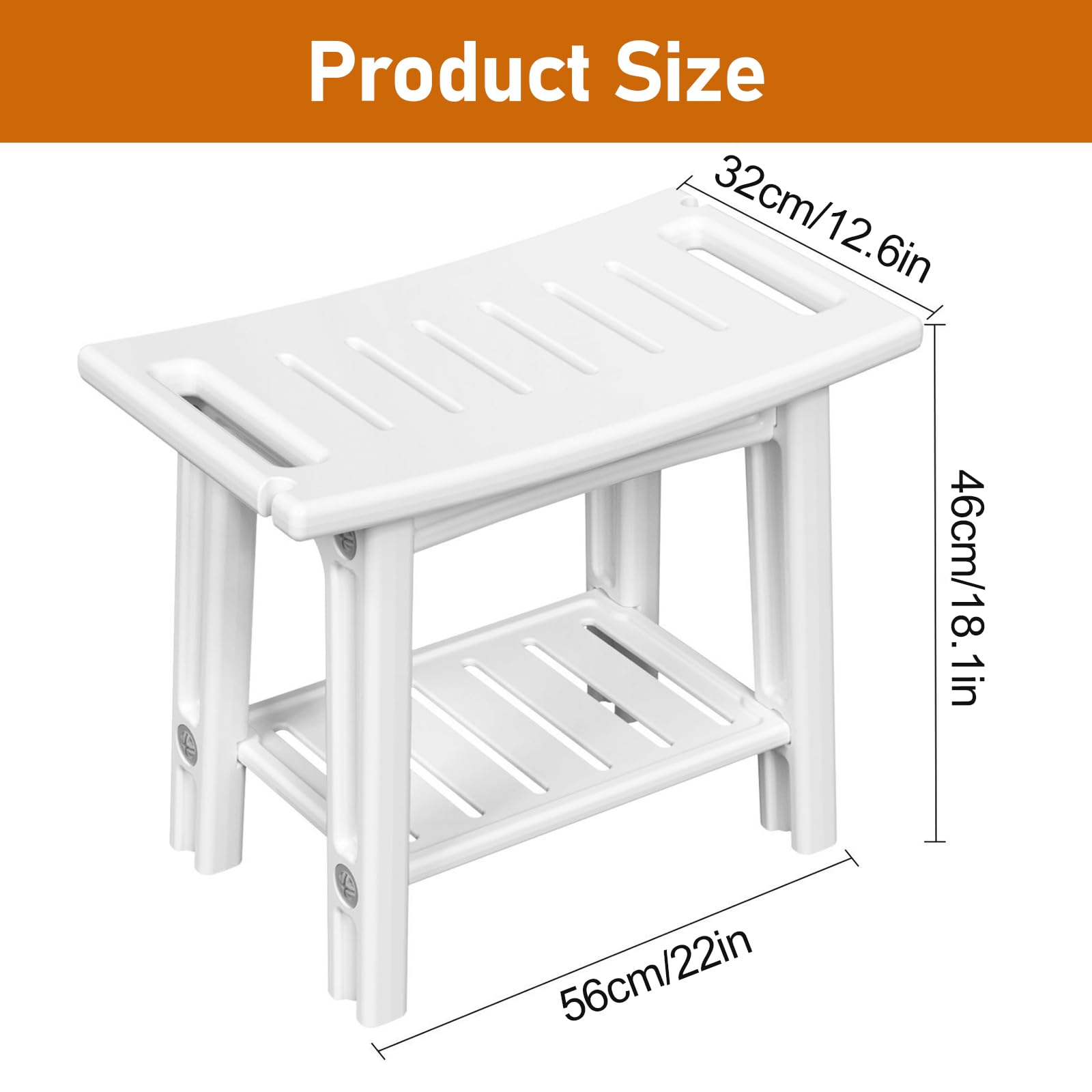 Silla de ducha impermeable, taburete de ducha impermeable con asidero, taburete de baño con soporte para el cabezal de ducha, silla multiusos con capacidad de carga de 150 kg, 56 x 32 x 46 cm (blanco)