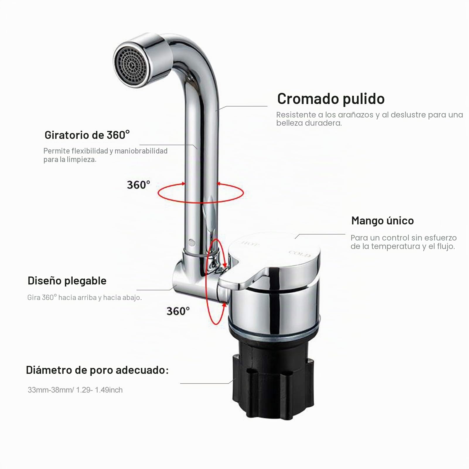 Grifo plegable para autocaravanas – giratorio 360° – Acero inoxidable – Pulido – Plata Metálica – Grifo de cocina con manguera de entrada de agua fría y caliente – Caravanas, casas flotantes,