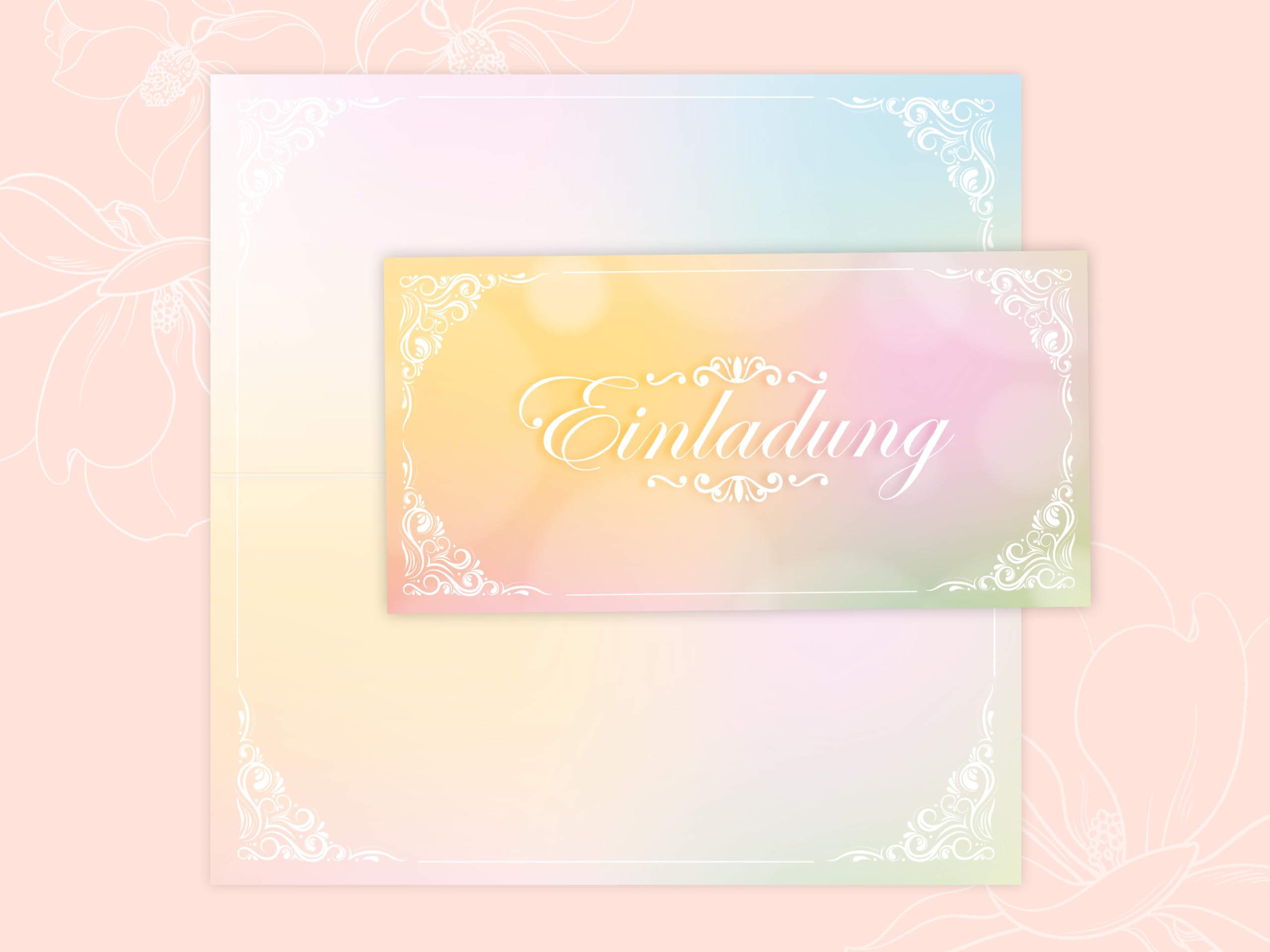 250 Einladungskarten für Hochzeit, Standesamt, Geburtstag, Konfirmation, Kommunion, Jugendweihe, Taufe, Geburtstag Jubiläum. Klappkarten DIN lang (21 x 10,5 cm). Elegantes Design zarter Farbverlauf