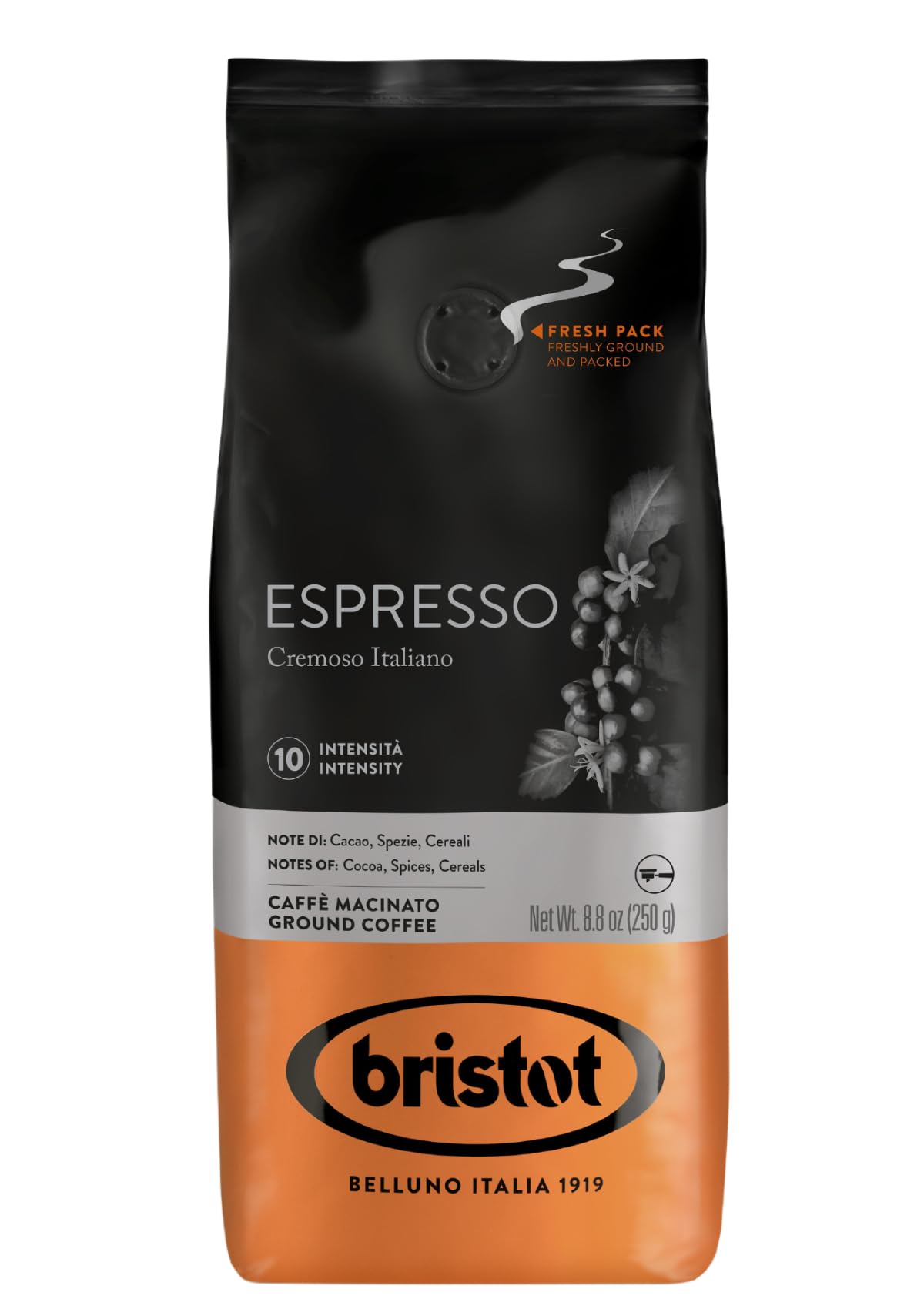 Bristot Espresso Cremoso Italiano Ground Coffee – Medium Roast, Rich & Smooth – 8.8oz (250g) Bag – Italian Ground Espresso for Home Machines
