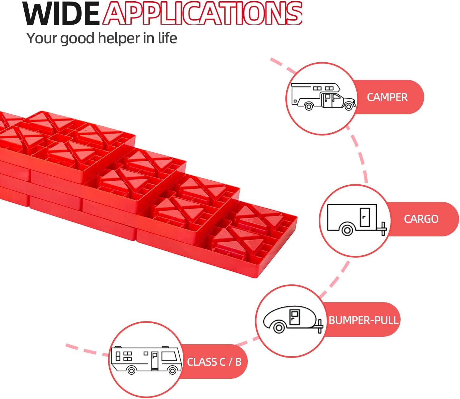 Homeon Wheels Camper Leveling Blocks, Ideal for Leveling Single and Dual Wheels, Heavy Duty Rv Leveling Blocks and Chocks Anti-Slip Pads Design, Camper Levelers 10 Pack with Carrying Bag (Red)