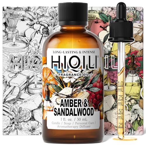 HIQILI Amber & Sandalwood Fragrance Oil for Diffuser, DIY Candle & Soap Making, Add to Body Lotion, Long-Lasting Scents - 1 Fl Oz