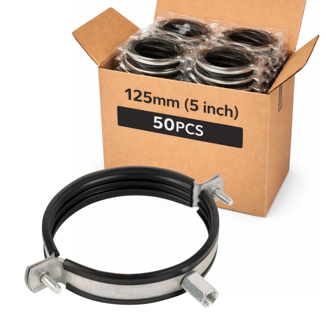 Juego de 50 Piezas Abrazadera de Fijación para Conducto de Ventilación 125 mm con Rosca M8/M10 – Abrazadera Metálica para Tubo con Inserto de Goma Antivibración – Soporte para Conductos HVAC