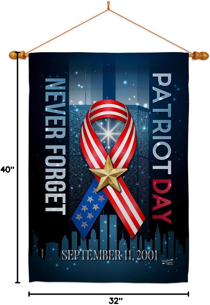911 Never Forget House Flag Dowel Set Americana Patriot Day World Planet Peace Environment Awareness United State American Small Decorative Gift Yard Banner Double-Sided Made In USA 28 X 40