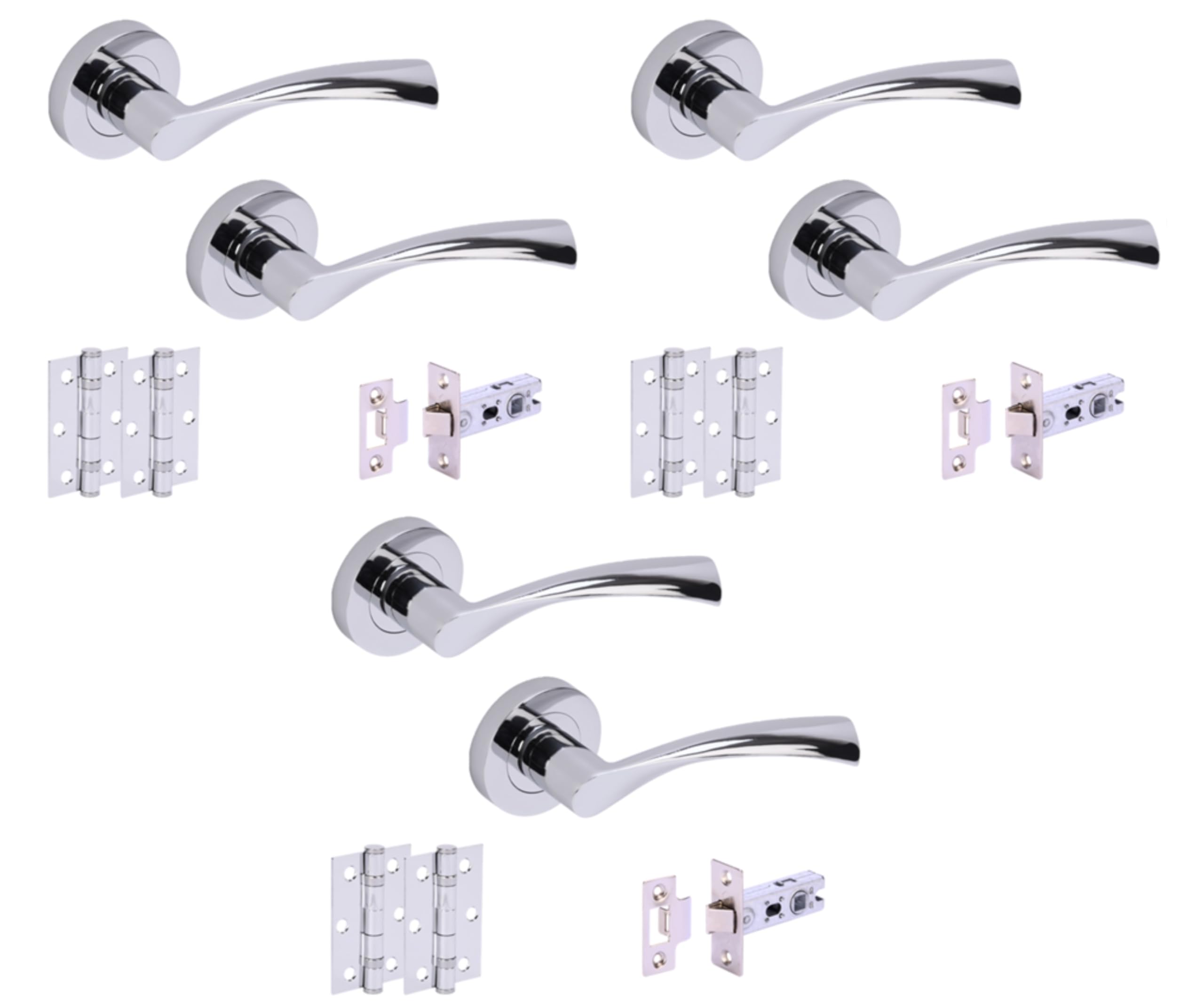 Hunta Polished Chrome Handlezone® 3 Sets Lobo Internal Door Handles On Rose Lever Latch Packs With 75Mm Ball Bearing Hinges And 65Mm Latches