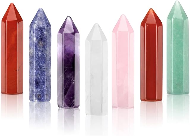 JOVIVI 7 Chakra Healing Crystals Wands Set Amethyst Rose Quartz Clear Quartz Crystals Points Crystal Towers Reiki Chakra Stones Gemstone Meditation Spiritual Gifts,45mm