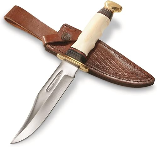 SZCO Supplies Cuchillo de caza estilo hoja Bowie con mango de hueso/madera de 11.25 pulgadas con funda de cuero, multicolor