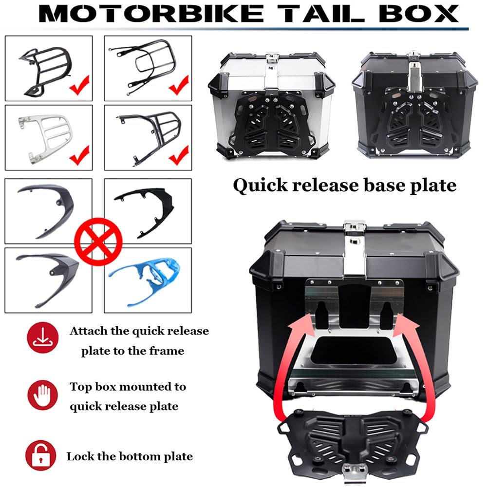 Valise pour Moto Top Case Moto avec Serrure De Sécurité 28L 36L 45L 55L 65L 80L 100L Aluminium Valise Topcase,Coffres De Moto pour Casque (Color : Silver, Size : 36L)