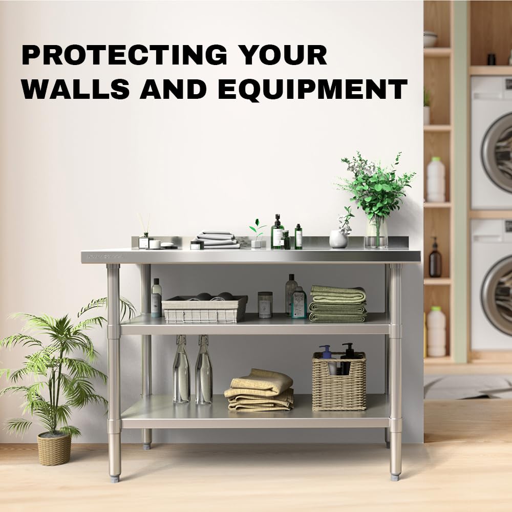 DuraSteel NSF Commercial Kitchen Table - 24 x 48 Inch Cooking Prep Stainless Steel Kitchen Island Workstation w/Adjustable Under Shelf - Heavy Metal Backsplash Workbench for Restaurant, Home, Garage