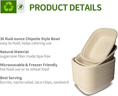 Miniatura 3 de Paquete de 100 cuencos de papel grandes de 36 onzas para ensalada de nachos, burrito, papa horneada, cuencos de catering compostables resistentes