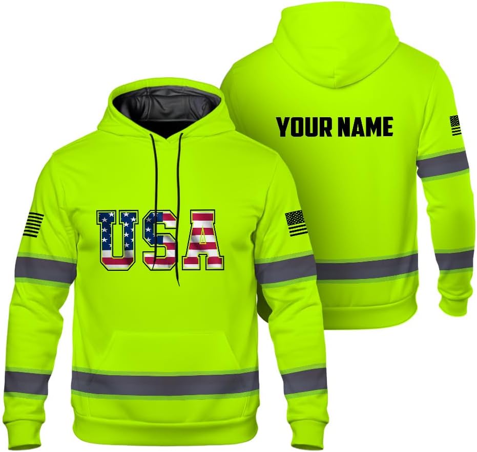 Maddly High Visibility Hoodie, Custom America Flag Reflective Hi Vis Safety Hoodie for Men, Women, Outdoor Worker, Trucker