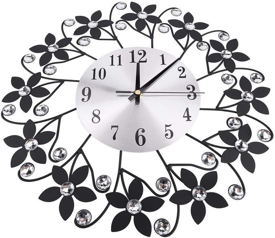 Wall Clock Metal Home Office Decor Silent Fashion Modern Rhinestones Flower Shaped Decorative Beautiful
