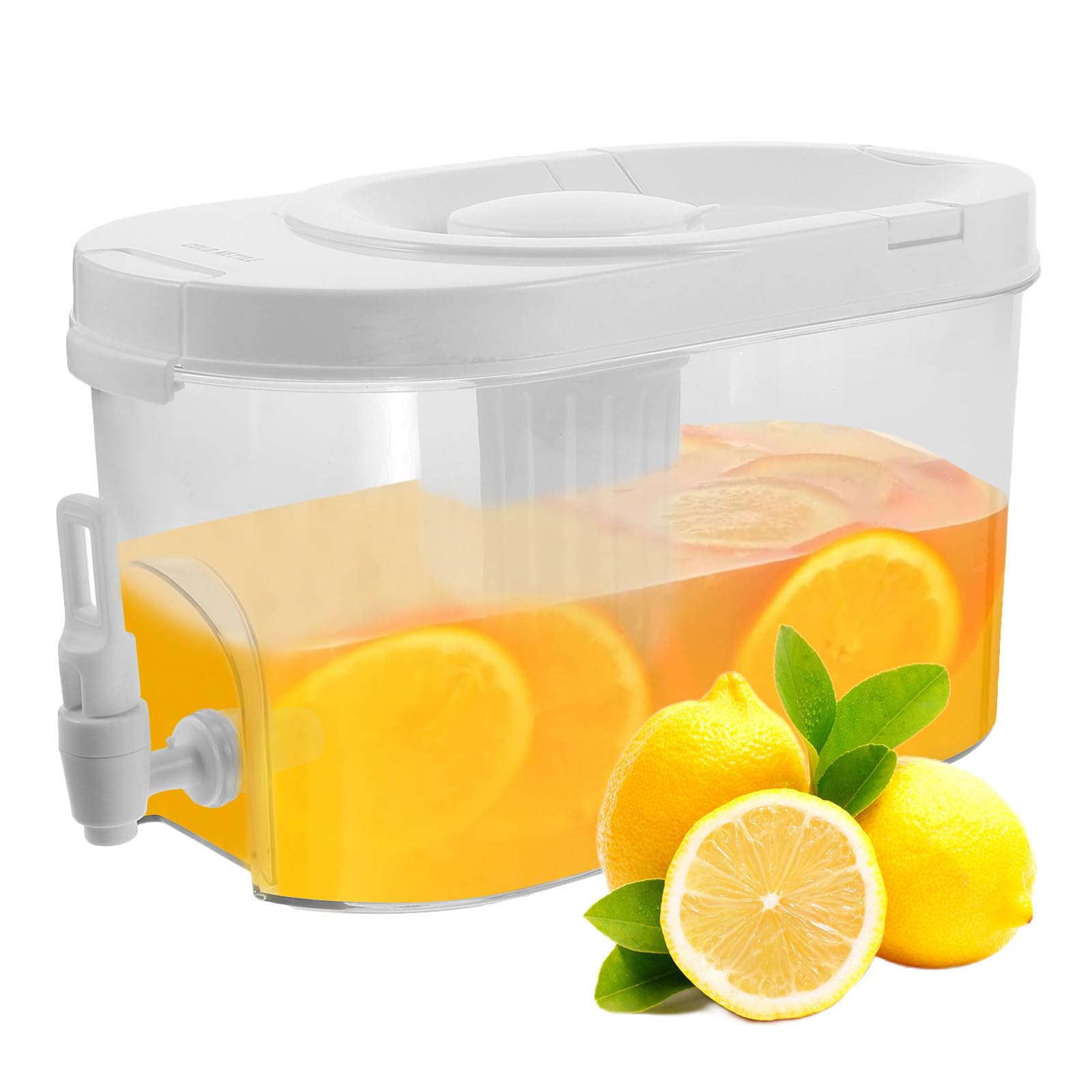 Dispensador de jugo beige con grifo antigoteo y exprimidor integrado para nevera