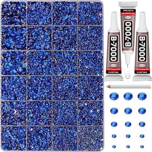 33000Pcs Royal Blue Rhinestones for Bedazzling Assorted Sizes 2 3 4 5 6mm Flatback Gems Bedazzler Kit with B7000 Glue Flat Back Resin Crystal Diamond Gemstone Rhine Stone for Craftings Clothes
