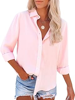 Camisas con botones para mujer, camisas de vestir de manga larga sin arrugas, blusa casual, unicolor, para oficina, trabajo