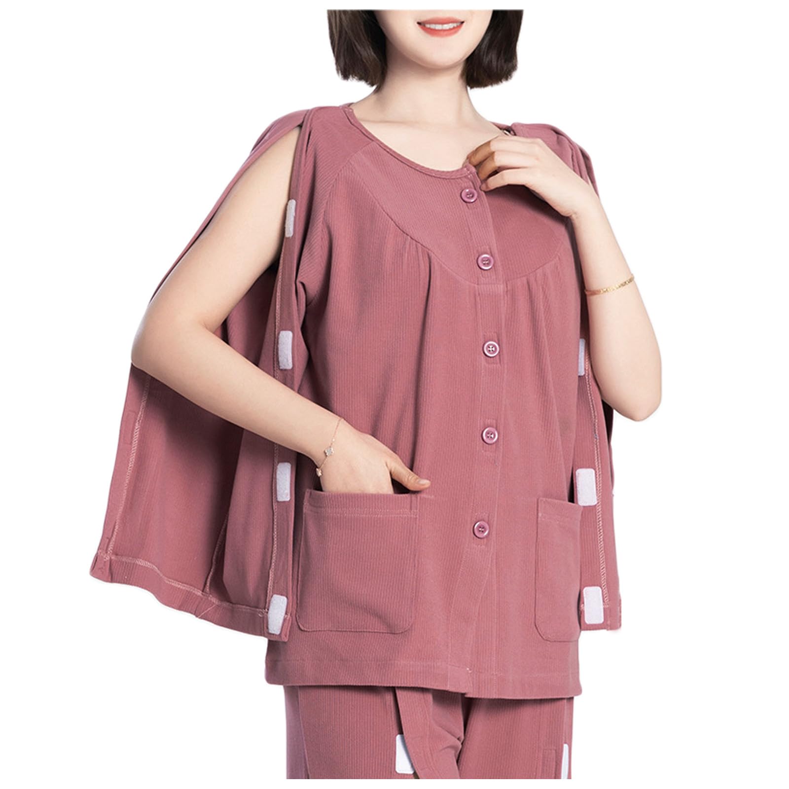 Pflegekleidung, Damen-Set aus abreißbarem Hemd und Hose nach der Operation, mehrfarbig, mehrere Größen(Rosso,X-Large)
