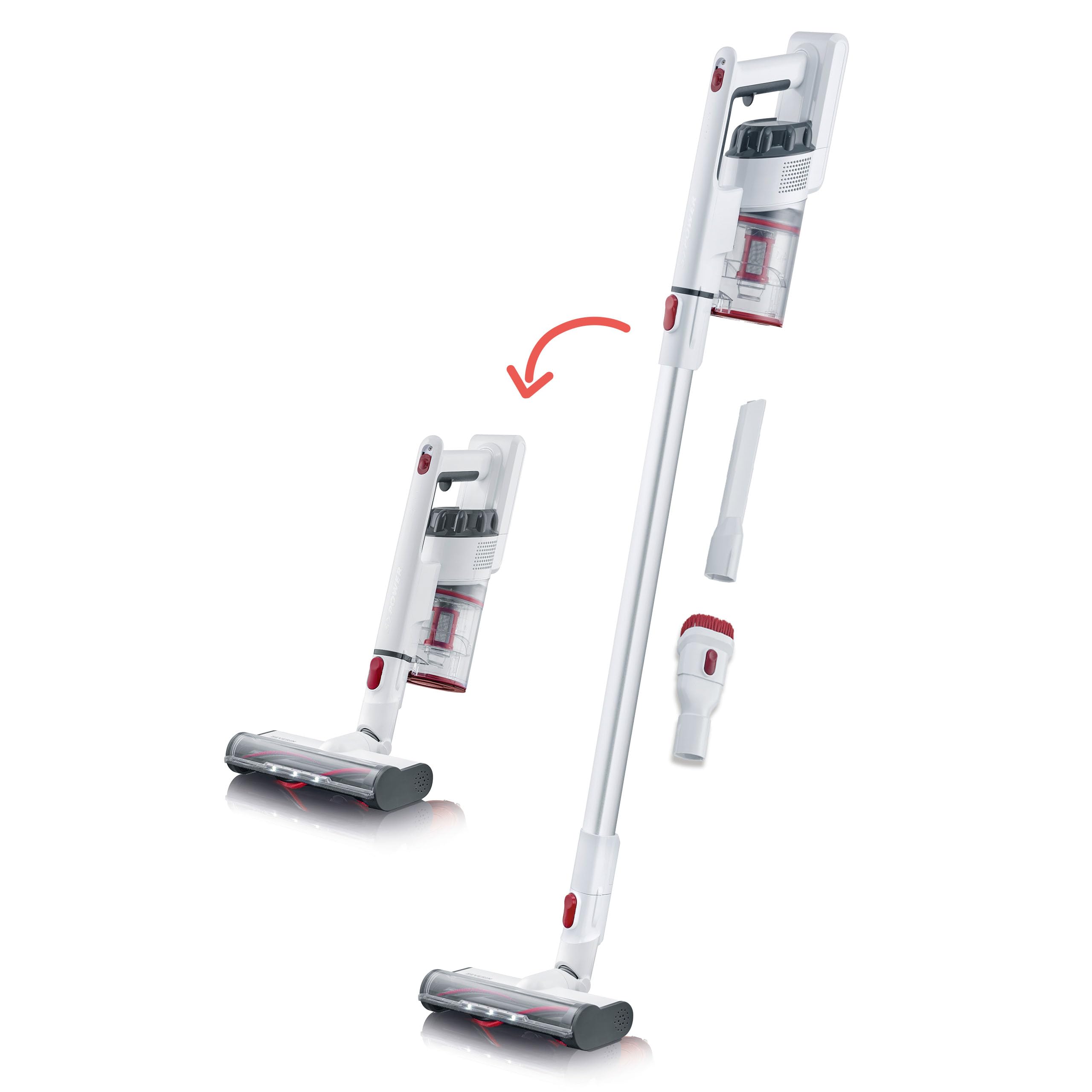 Severin Aspirateur Balai Multifonction sans Sac 22,2V sans Fil, 40 Min. d'autonomie, Brosse rotative High-Speed, Aspirateur Puissant avec éclairage LED, Filtre HEPA, Blanc, HV7152