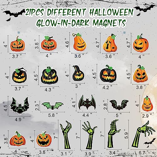 Image of 21PCS Halloween Car Magnets Decorations - Magnetic Glow-in-The-Dark Bats Pumpkin Skeleton Hands, Garage Door Refrigerator Trunk or Treat Cruise Decor