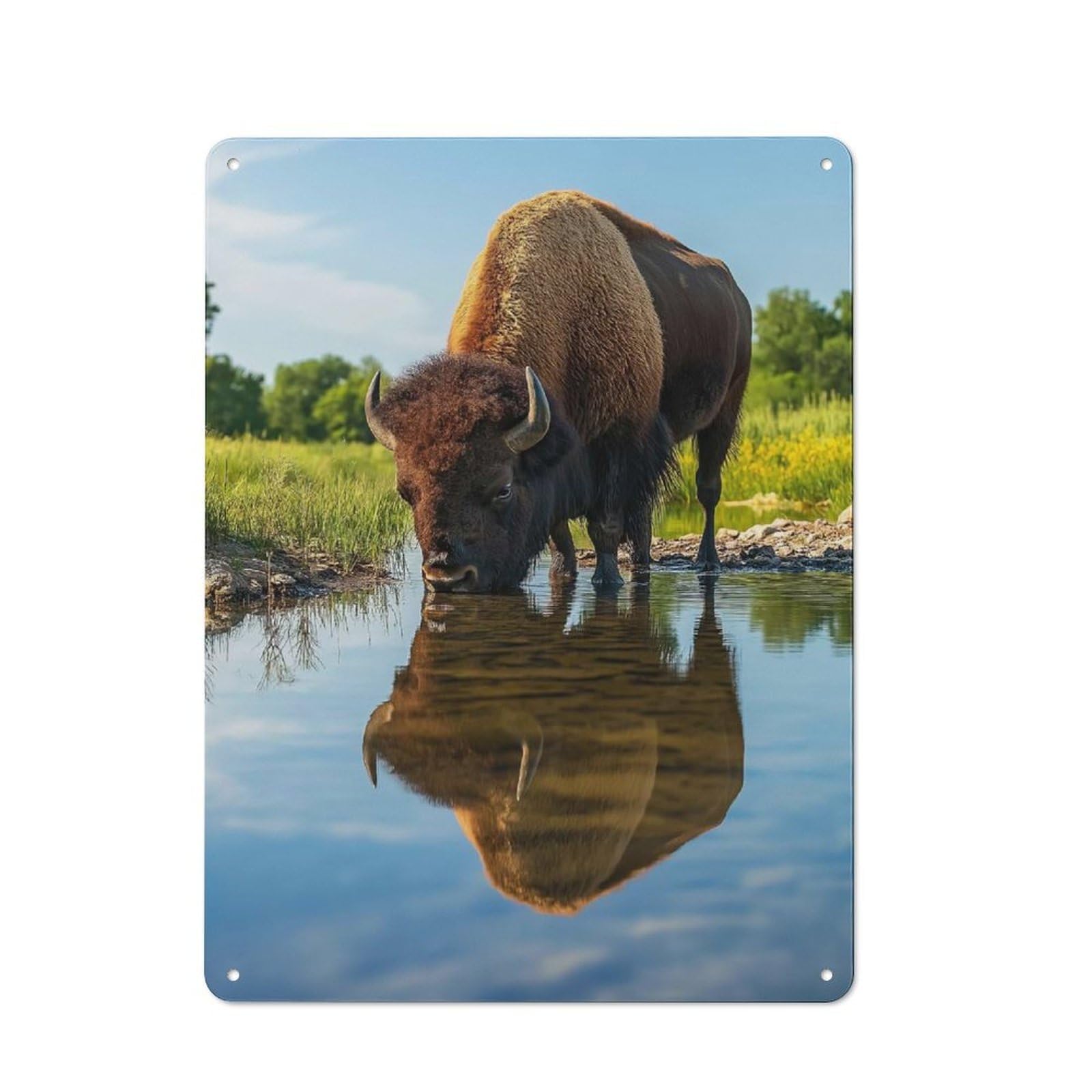 Bison Drinking from Pond Wildlife Photo Vintage Metal Sign 40x30cm for Hobby Room Or Studio, Housewarming Present for People Styling Hobby Room And Studio