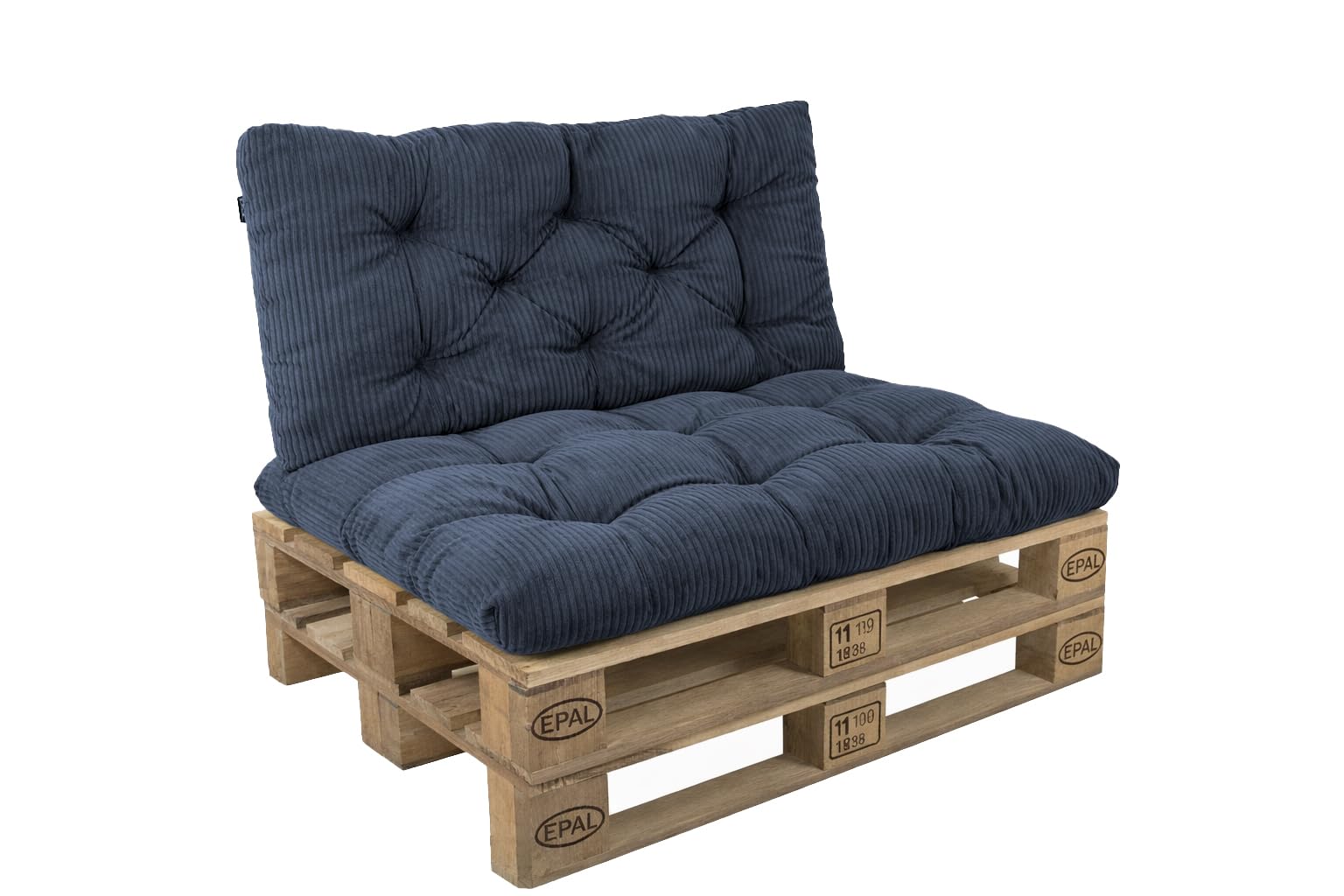 POKAR Set of 2 Pallet Cushions: Seat 120x60 cm + Backrest 120x60 cm in Corduroy | Tufted Cushions for Pallet Furniture and Garden Sofa | Outdoor and Indoor Use | Oeko-Tex | Made in EU | Navy — image 1
