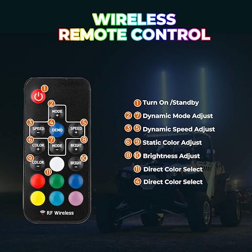 Miniatura 6 de Kemimoto Luces LED de 5 pies con bandera 20 colores Control remoto inalámbrico Resistente a la intemperie Compatible con Polaris Can Am UTV ATV RZR