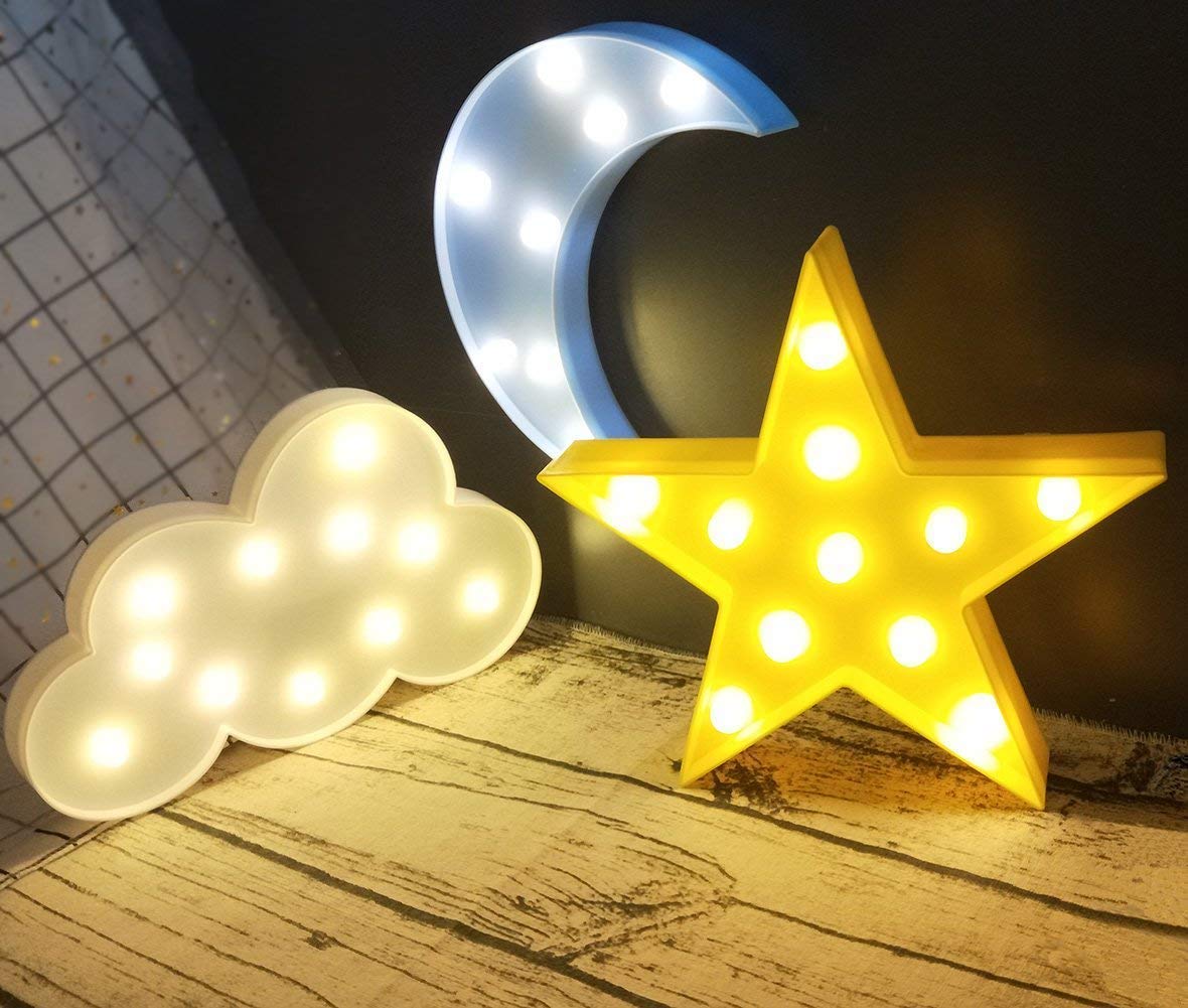 Decorative LED Crescent Moon Cloud and Star Night Lights Lamps Marquee Signs Letters for Baby Nursery Decorations Gifts for Children (Moon Cloud and Star)