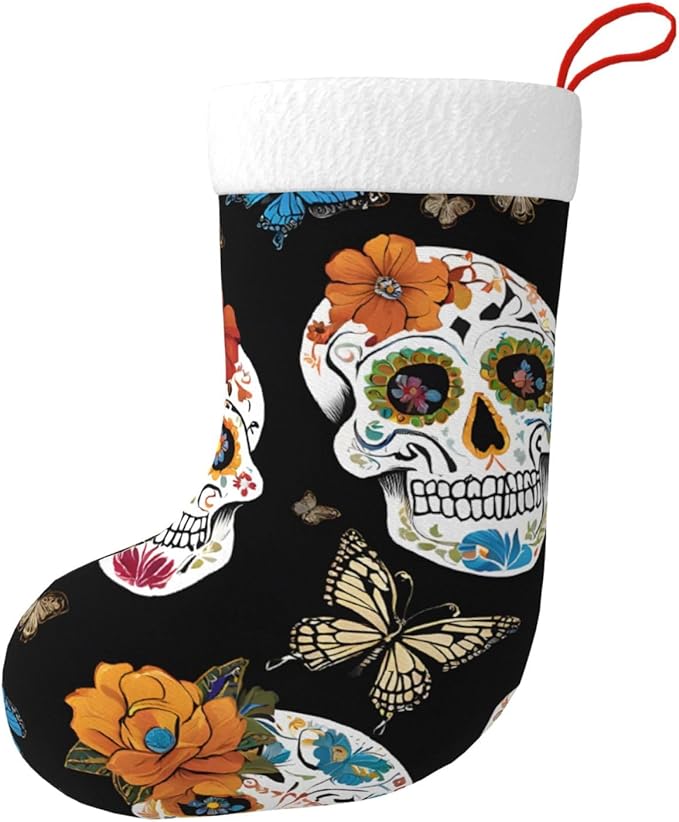 Sugar Skulls Printed Oversized 17.7 Inch Christmas Stocking Plush Flannel Cuff Hanging Loop for Xmas Tree Fireplace Gift