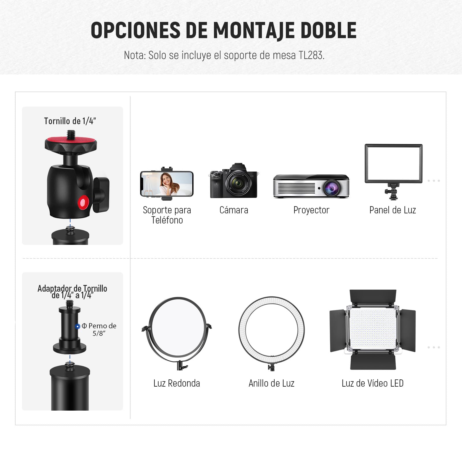 NEEWER Soporte Escritorio Extensible para Cámara con Cabezal Bola, 17"-40" Soporte Luz Mesa Ajustable con Tornillo 1/4" y C Clamp para Cámara DSLR, Aro Luz, Vlog, Carga Máxima: 6.6lb/3kg, TL283 ROJO