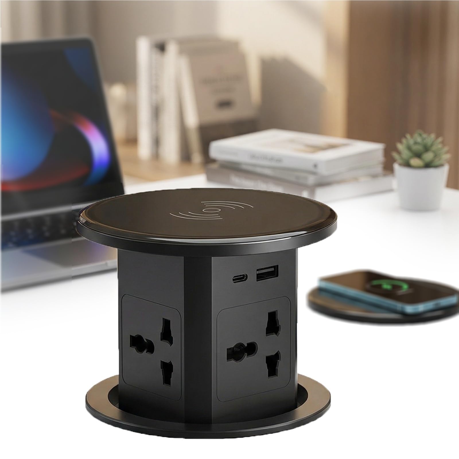 Presa a Scomparsa con Caricatore Wireless 20W Retrattile 4 Prese AC Porte USB per Cucina Ufficio Tavolo Conferenza Multipresa da Incasso Nascosta per Scrivania e Piano di Lavoro(Black)