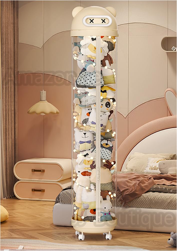 Stuffed Animal Storage Tube, Vertical Transparent Storage Bucket with Light & Wheels for Teddies and Dolls, Cylinder Plush Toy Storage Organizer for Nursery Room Bedroom Living Room (Yellow, 175cm) Yellow 175cm