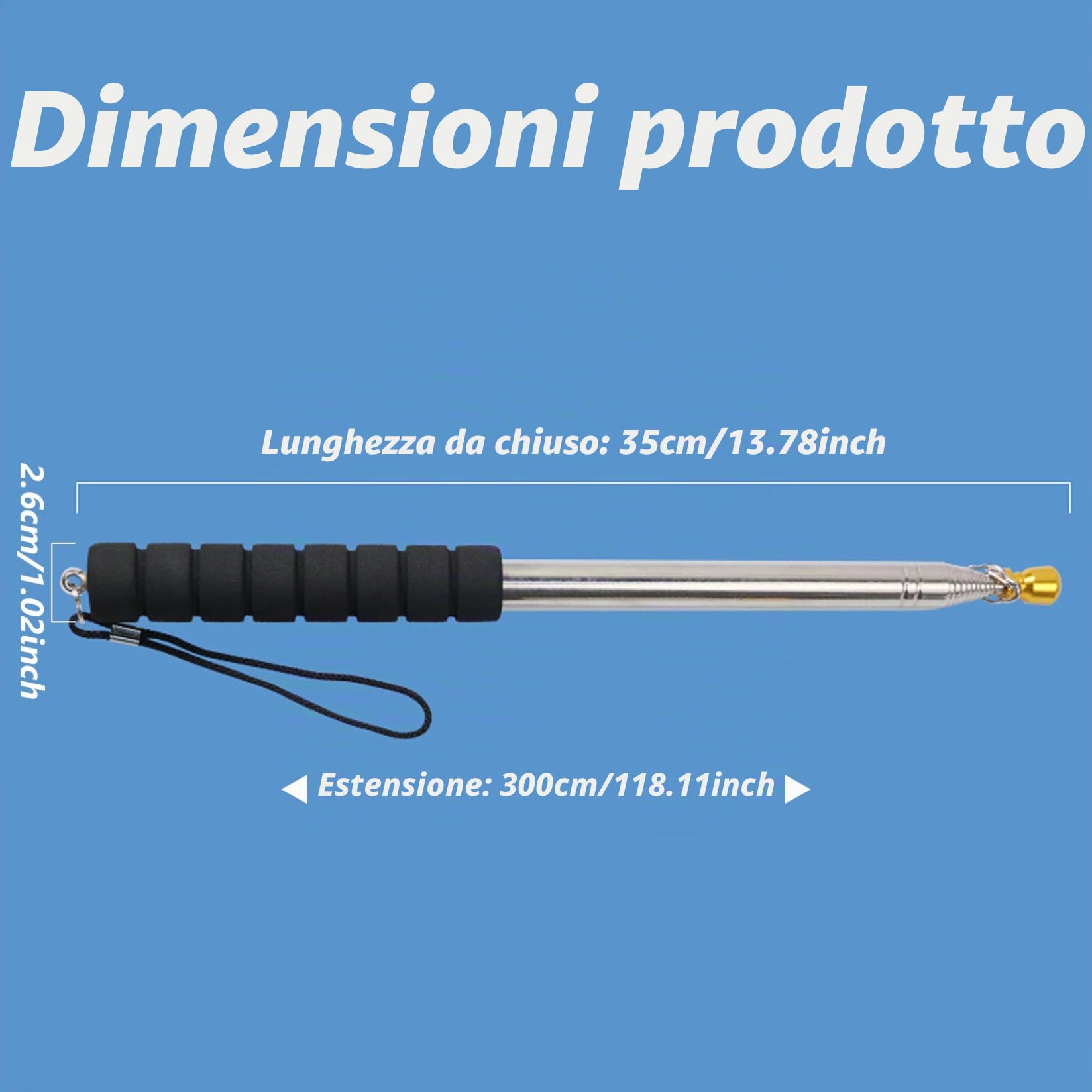 Palo telescopico da 2,5 m in acciaio inox, palmare telescopico, con manico antiscivolo, portatile, estensibile, per guida turistica, nero